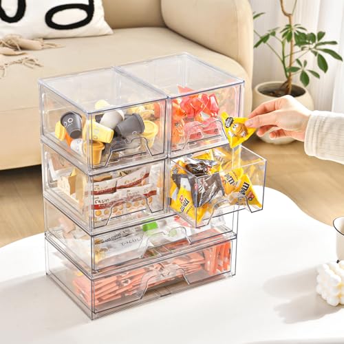 Stackable Makeup Organizer Storage Drawers Set of 6, Clear Plastic Organizer Bins for Beauty Supplies,Ideal for Vanity, Bathroom,Cabinet,Pantry Organization (2Long 4 Short)