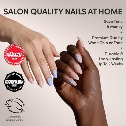 Glamnetic Press On Nails - Salty Waves | Short Almond Starfish Fake Nails with 3D Nail Art, Salon Quality Summer Nails | 15 Sizes - 30 Nail Kit with Glue