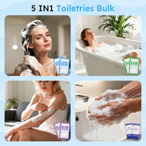 100 Pcs 5-IN-1 Hotel Soaps and Toiletries Bulk Set,5-Piece Set 0.35 oz each Packets Shampoo,Conditioner, Body Wash and Lotion,0.53 oz Soap Mini Travel Size Toiletries Supplies kit for Guests,Homeless