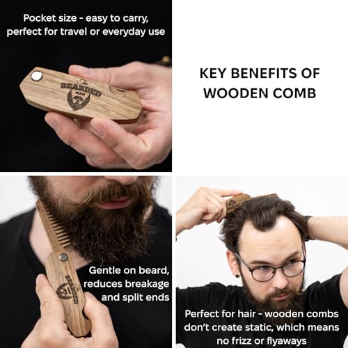 Enjoy The Wood Beard Comb for Men, Folding Pocket Beard Accessories for Men, Engraved Walnut Wooden Comb for Moustache, Beard & Hair For Him (Bearded Man)