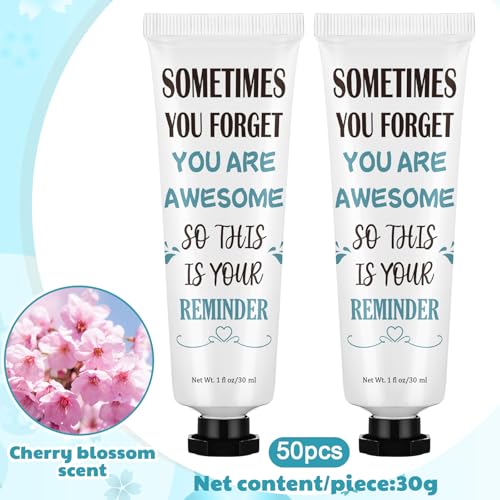 Loopeer 50 Pcs Sometimes You Forget You Are Awesome Gifts Bulk for Women Inspirational Hand Cream Gifts Mini Travel Size Moisturizing Hand Lotion for Teachers Employees Coworkers Birthday Party