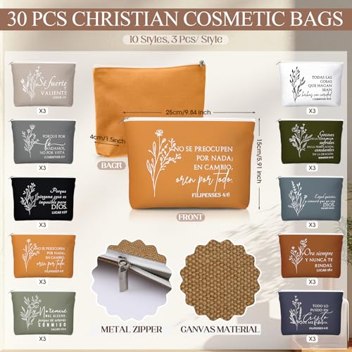Kacctyen Spanish Christian Easter Gifts for Women Bulk Bible Verse Makeup Bags Religious Gift Regalos Cristianos Para Mujer Canvas Pouch Compact Mirrors Mother's Day Church Gift(Boho Color,30 Sets)