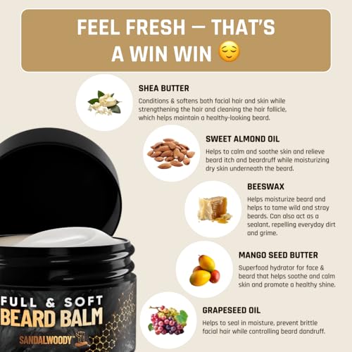 Derm Dude Full and Soft Beard Balm for Men ? Conditioning Balm with Natural Oils for Growth, Softness & Styling ? Tames Frizz, Hydrates Skin ? Non-Greasy - SandalWoody, 2oz