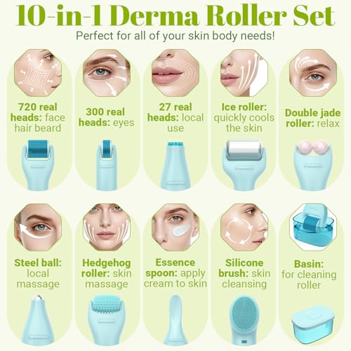 Derma Roller, TUMAKOU 10 in 1 Microneedle Roller Set for Face, Body, Scalp, Beard Hair, Microneedling Micro Needling Roller Kit for Women Men, with Storage Case & Face Ice Roller & Facial Brush(Green)