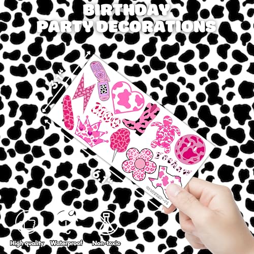 110 PCS Cow Print Birthday Party Decorations Favors Supplies Farm Animal Pink Happy Cow Temporary Tattoos Decor Stickers For Little Cow Girls Boys Gift School Prizes Rewards