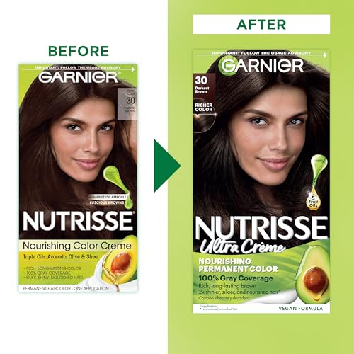 Garnier Nutrisse Ultra Cr?me Hair Color, Permanent Hair Dye with 100% Gray Coverage, Vegan & Cruelty-Free, 30 Darkest Brown (Sweet Cola), 2 Count