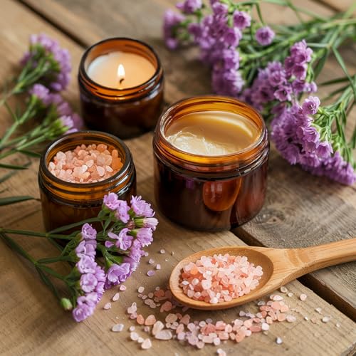 Amber 2oz Glass Jars with Lids - 24 Pack Brown Small Cosmetic Containers with Stickers & 2 Spoons, Wide-Round Smooth Mouth, Sealable for Creams, Lotions, Body Butter, Travel Samples