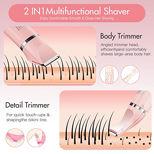 Electric Bikini Trimmer for Women - 2 in 1 Electric Lady Pubic Hair Groomer Painless Hair Removal Razor Body Shaver, Portable Ladies Shaver with 2 Trimmer Heads, IPX7 Waterproof