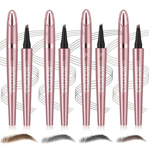 4 Pack 3D Eyebrow Pencil, 4 Tip Microblading, 24 Hours Smudge Proof Brow Pen, Brow Pen Makeup Natural Fine Stroke, Waterproof Eyebrow Pencil (Light Brown, Dark Brown, Grey, Black)