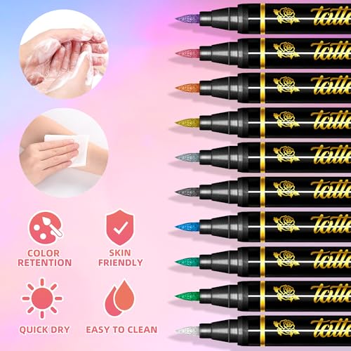 Temporary Tattoo Markers for Skin, 10 Body Markers+70 Tattoo Stencils,Safe Non-Toxic Water-Based Ink, Soft Brush Nib,Temporary Art Drawing, Washable Markers for Face & Body Art, Party Favor
