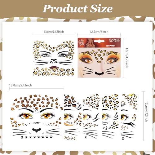 7 Sheets Leopard Face Tattoo Stickers Glitter Cheetah Print Temporary Tattoos Women Body Makeup Accessories for Halloween Costume Party