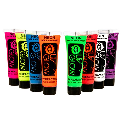 Neon Body Paint Set of 8 - 0.68oz Each, Glow in the Dark, Blacklight UV Body Paint for Parties, Festivals and Events Neon Fluorescent