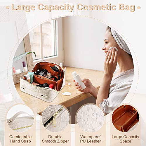 Cessfle Large Capacity Travel Cosmetic Bag, Boho Purple Makeup Bag Waterproof Leather Travel Toiletry Bag Woven Open Flat Makeup Organizer Bag