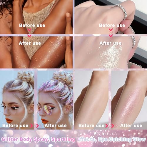 Hair and Body Glitter Spray,Long Lasting Quick-Drying Pink Shimmer Mist for Music Festival Revelry, Nightclub Parties and Balls,Hairspray for Clothes, Face Glitter Spray 4.22 Fl Oz (Pink)