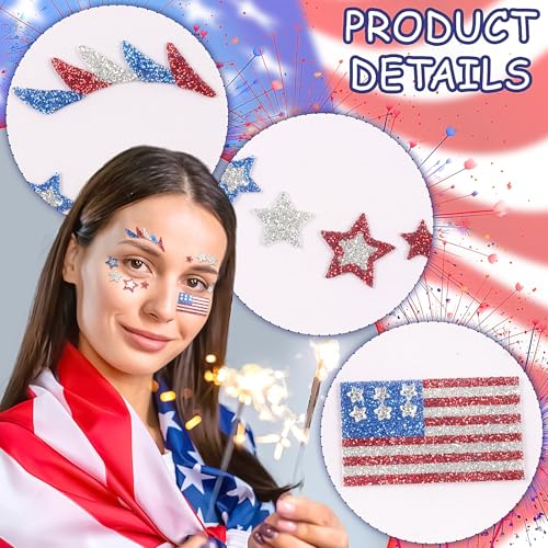 American Flag Stars Glitter Face Tattoo Jewelry, Independence Day Celebration Face Gems with Red Blue Flag Designs, Sparkle Glitter in Parades, Parties & More 2PCS (Style 3)