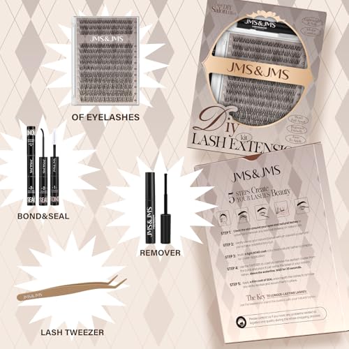 JMS&JMS Lash Clusters Kit D Curl Lash Lift Kit Wispy Natural Lash Clusters with Lash Bond and Seal Eyelash Applictor Lash Remover Lash Extension Kit for Beginner (8-18mix)