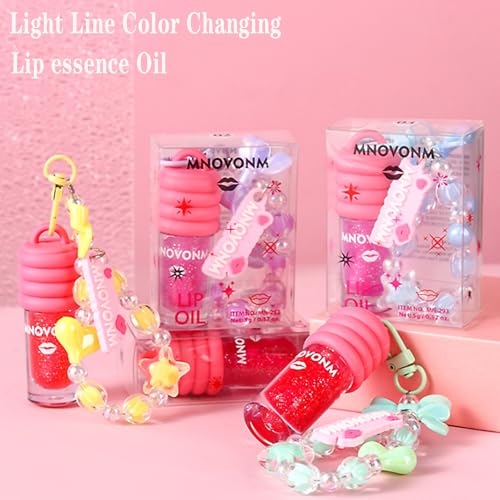 3 Colors Hydrating Lip Oil with Bracelet Keychain, Color Changing Lip Glow Oil Long-Lasting Moisture, Lip Gloss Flavoring Oil With Vitamin E Moisturized Shiny Lips for Girls
