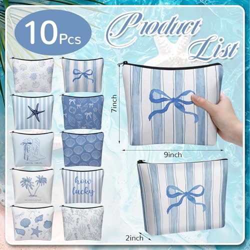 10 Pcs Ocean Themed Cosmetic Bags Bulk Zipper Pouch Makeup Bag for Women Girls Sea Weekend Travel Vacation Trip Gifts Supplies Nautical Party Favors Beach Accessories