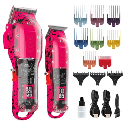 Professional Hair Clippers for Men, Cordless Barber kit for Hair Cutting & Grooming, Hair Clippers and Trimmer Set for Barber Haircut with LED Display, 8 Fade Taper Combs(Pink Set)