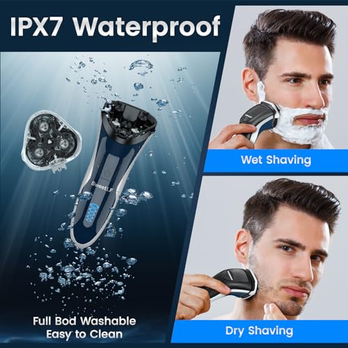 Electric Razor for Men, SweetLF 100% Waterproof Electric Shaver, USB C Rechargeable, Wet & Dry Rotary Shavers for Men with Pop-up Trimmer, Corded and Cordless, Navy Blue