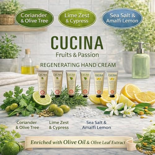 Cucina 6 Pack Regenerating Hand Cream Fruits & Passion Travel Size Set | Coriander Olive Tree | Lime Zest Cypress | Sea Salt Amalfi Lemon