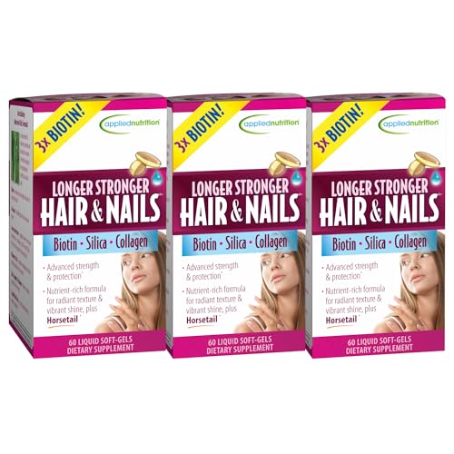 Applied Nutrition Longer Stronger Hair & Nails - 60 Liquid Soft-Gels, Pack of 3 - Biotin, Silica & Collagen - 90 Servings