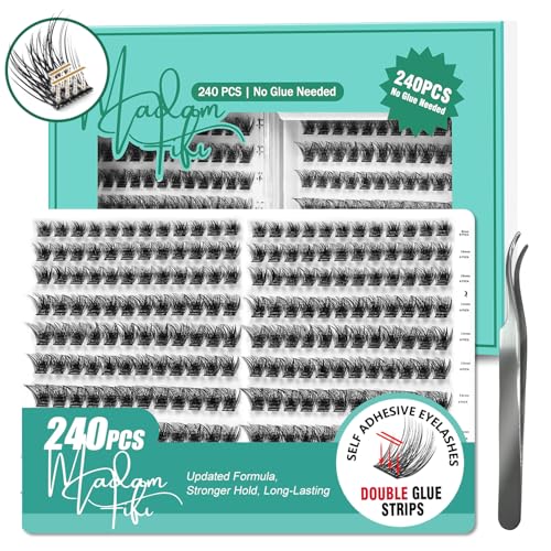 Self Adhesive Lash Clusters, 240 Pcs Individual Eyelashes No Glue Needed, 8?16mm Fluffy Wispy Cluster Lashes, DIY Lash Extension Kit for Natural Volume Look with Tweezers