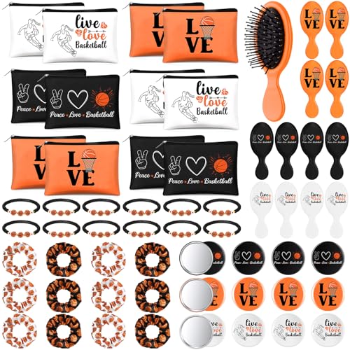 Baderke 60 Pcs Basketball Team Gifts for Women Basketball Party Favors Include Cosmetic Bags Makeup Mirror Hair Scrunchies Detangler Brush Bracelets for Women Players Sports Team Accessories