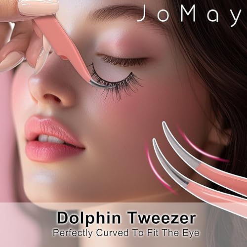 JoMay Eyelash Extension Tweezers 4Pcs Professional Kit High Precision Stainless Steel, Straight and Curved Volume Lash Tweezers Boot Volume 90 Degree, Girls Women Beginners (Pink)