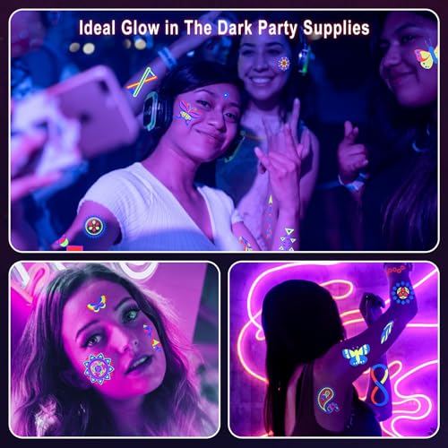 20 Sheets Glow in The Black Light Temporary Tattoos, Glow Party Supplies for Adults and Kids, 160+ Neon UV Glow Fluorescent Designs, Perfect for Neon Raves, Festivals, Birthday Parties and More