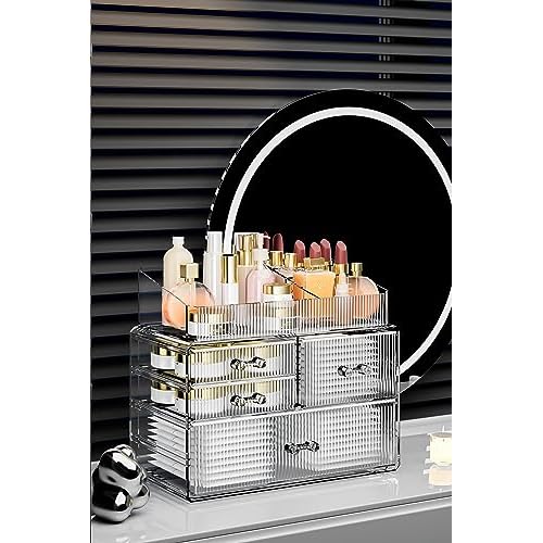 ZHIAI Stackable Storage Drawer, Acrylic Organizer, Cosmetic Organizer for Dresser, Vanity, Kitchen Cabinet, Bathroom, Under Sink, Home Organization and Storage (1 Top 3 Drawers)