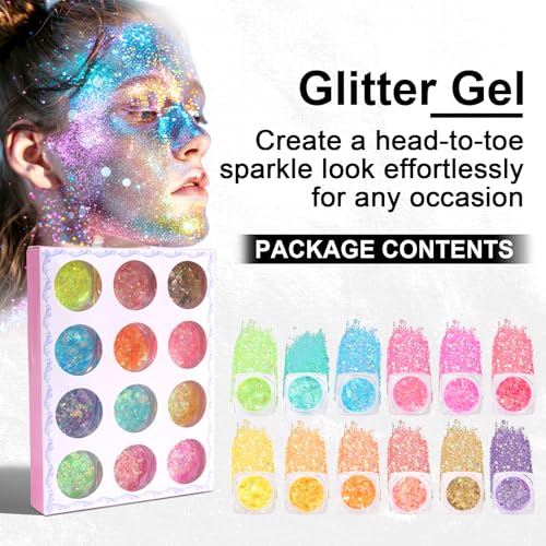 Glow in The Dark Face & Body Glitter Gel ? 12 Colors Chunky Holographic Glitter for Hair, Body, Festival, Party, Rave Makeup, Washable Cosmetic Glitter for Women, Teens, Kids, Halloween