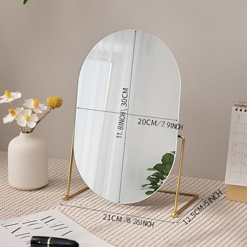 Desk Vanity Mirror with Stand Tabletop Makeup Table Mirrosr Portable Gold Make Up Mirror for Bedroom Golden Metal Framed Folding Bathroom Shaving Cosmetic Mirror