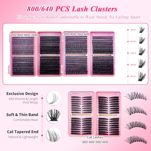 Lash Clusters Kit Eyelash Clusters Kit Cat Eye Lashes Large Pack Cluster Eyelash Extensions Lash Extension Kit Pesta?as Postizas Naturales with Lash Bond&Seal,Remover,Tweezers,Cleanser(Lash Kit-5)