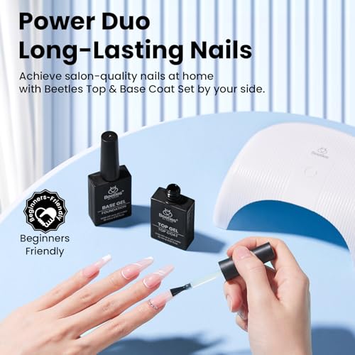 Beetles No Wipe Gel Top Coat and Base Coat Set for Gel Nail Polish - 2Pcs 15ml Super Shiny and Long Lasting Soak Off UV/LED Lamp Nail Art Design Gift