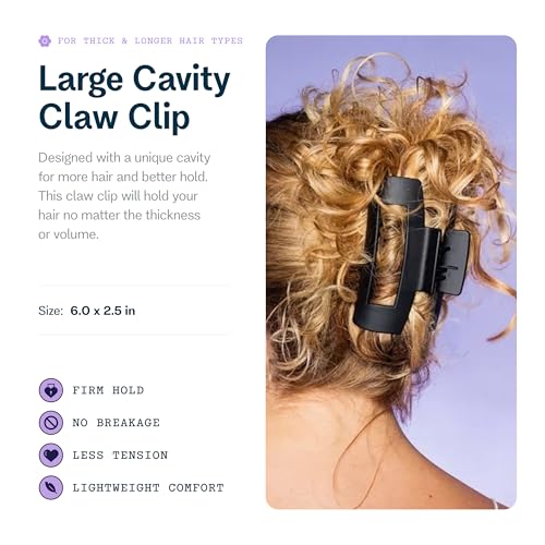 Gimme Beauty Large Cavity Claw Clip - Strong Hold Hair Accessory for Thick, Long Hair - Break-Resistant Rectangle Clip with No-Slip Grip - Black