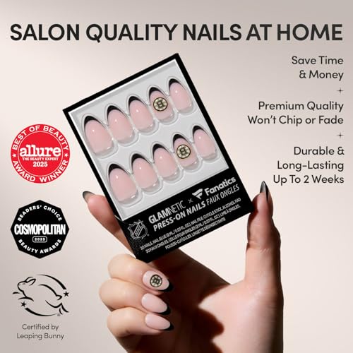 Glamnetic x Fanatics Press On Nails - Boston Bruins | Short Almond Fake Nails, NHL Bruins Black French Tips, Hockey Nails, Salon-Quality | 15 Sizes - 30 Nail Kit with Glue