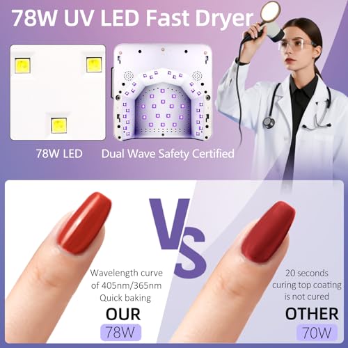 Rechargeable78W UV LED Nail Lamp for Gel Nails,Cordless Nail Dryer with Hidden Telescopic Stand for Hands & Feet,15600mAh Battery,30/60/99/180s Custom Timer,Mirror Base,Lock Screen for Salon Home