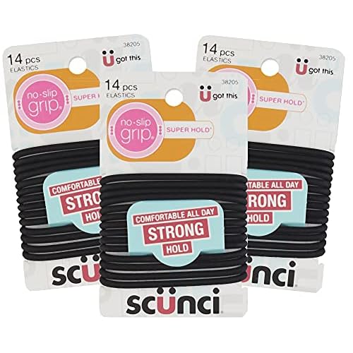 Scunci Black Gel Elastics, No-Slip Grip, Strong Hold-Ponytailers, 14 Pcs per Pack (3-Pack)