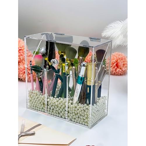 Acrylic Makeup Organizer,Clear Cosmetic Brush Storage Box With 3 Brush Holders,with Dust Cover, Large-capacity Split Design can Quickly Organize the Desktop (with3 bags of white pearls