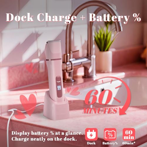 3-in-1 Bikini Trimmer for Women ? Electric Razor & Body Hair Trimmer with Charging Dock, USB-A to C7 Cable, IPX7 Waterproof, 1-Month Cordless, Battery% Display, Anti-Slip Grip ? X4 Blush Pink