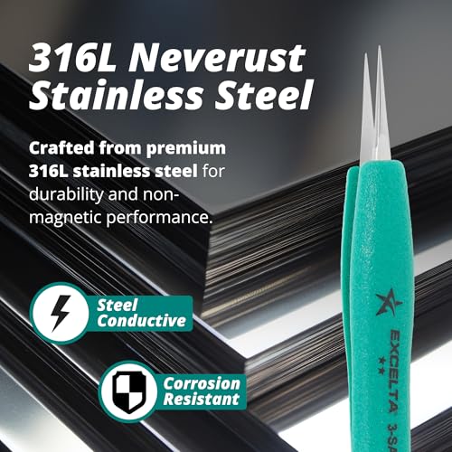 Excelta Ergo-Tweeze 3-SA-PI-ET Precision Tweezers, Straight Very Fine Tip, ESD Safe TealShield Grips, Anti-Magnetic 316L Neverust Stainless Steel, 5.25" OAL for Electronics, Lab, Cleanroom, Forensics