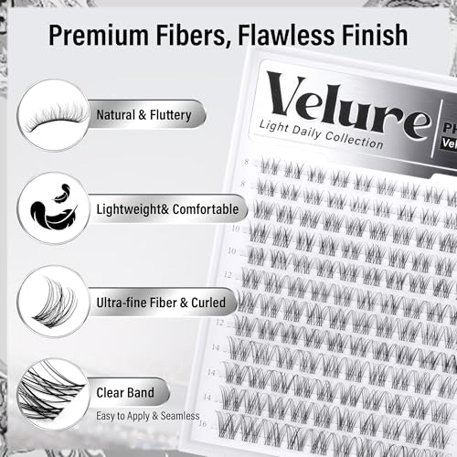Velure Lash Clusters Natural Cluster Eyelash Extensions Wispy Individual Lashes Clusters DIY Ultra-Light Lash Extensions Soft C Curly Eye Lashes with Invisible Thin Band, 8-16mm, 120Pcs