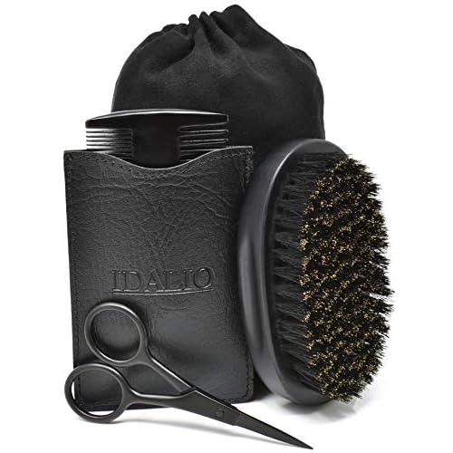 IDALIO¢ç Beard Brush and Comb Set for Men Grooming with Natural Boar Bristle Beard Brush Pear Wood Bear Comb and Stainless Steel Trimming Beard Scissors