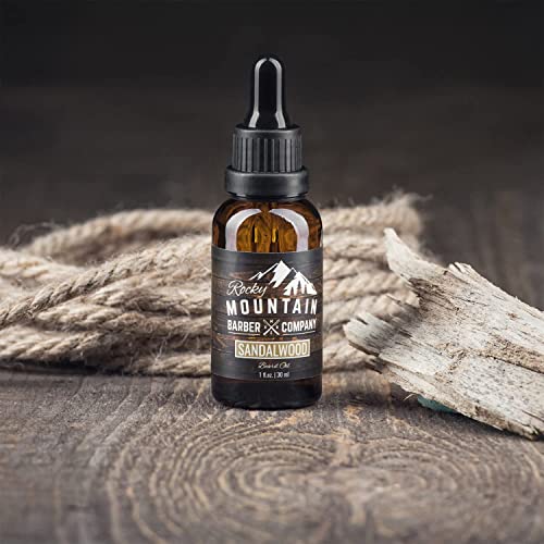 Rocky Mountain Barber Company Men¡¯s Sandalwood Beard Oil Featuring Grapeseed Oil, Coconut Oil, Argan Oil and Real Sandalwood Essential Oil