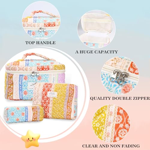 3Pcs Quilted Makeup Bag - Cotton Large Floral Makeup Bag, Travel Cosmetic Bag Cute Flower Aesthetic Floral Toiletry Organizer Bag Set for Women (08Yellow-Red)