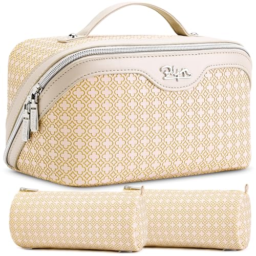 BOYATU Travel Makeup Bag for Women: Four Leaf Clover Large Capacity 3 Pcs Set Cosmetic Bags - Waterproof 50% Extra Space for Toiletry Organizer - Travel Essentials for Fortunate (08 Yellow)