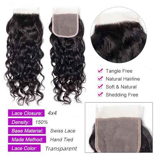 Brazilian Water Wave 5Bundles(50g/bundle) with 4x4 Lace Closure Wet and Wavy Bundles with Closure Deep Curly Bundles Human Hair Bundles with Closure (16/16/16/16/16+16)