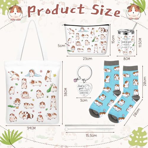 Geiserailie 5 Pcs Christmas Guinea Pig Lover Gifts for Women Include Just a Girl Who Loves Guinea Pigs Tote Bag, Makeup Bag, Keychain, Animal Tumbler, Socks for Women Animal Lovers Xmas Birthday Gift