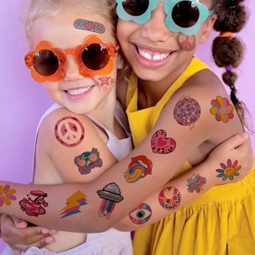 Glitter Groovy 70s Temporary Tattoos for Kids - 74 Individually Sheets Glitter Retro Flower Power, Smiley Decorations Tattoos Stickers for Boys Girls Party Supplies